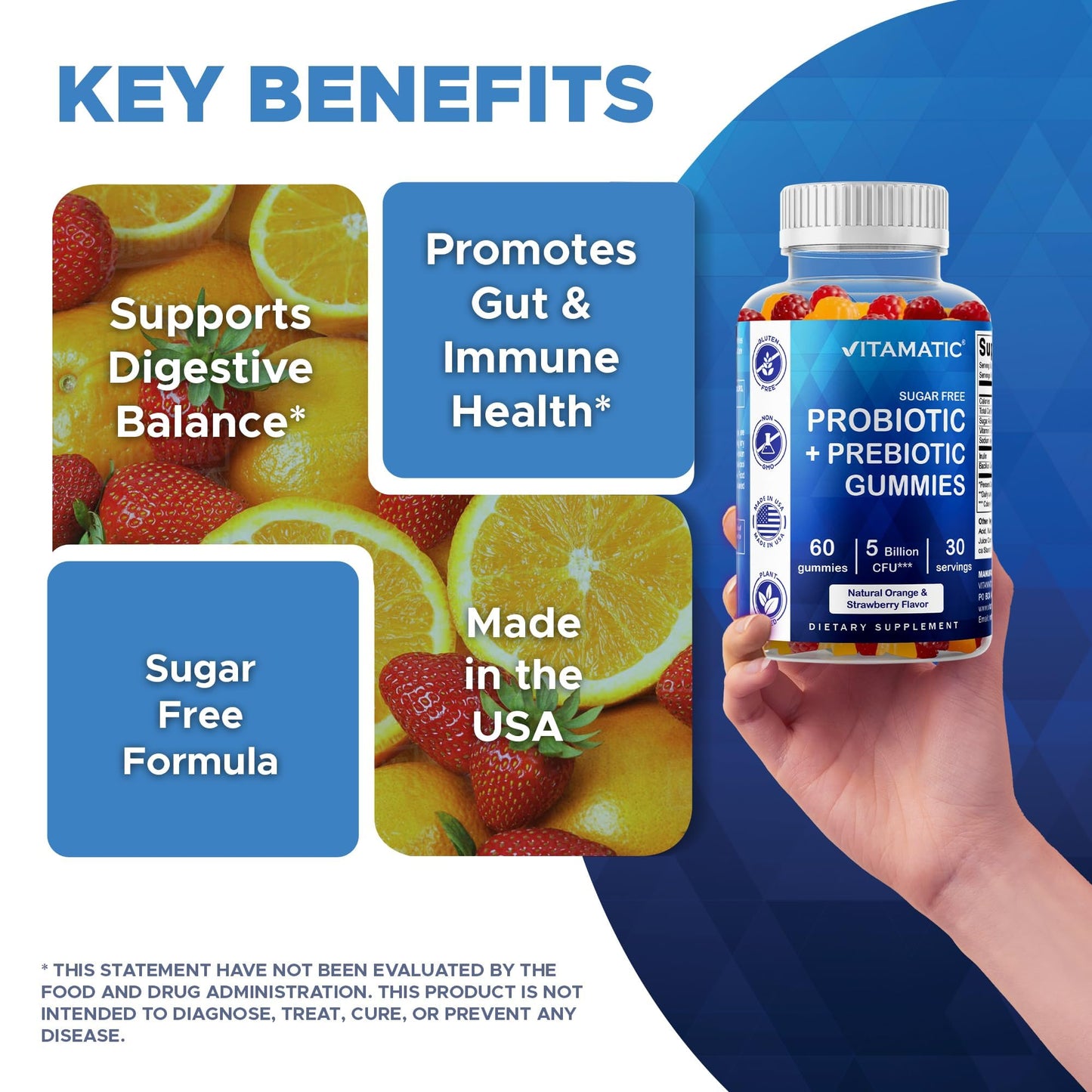 Vitamatic Probiotic Sugar Free Gummies for Men and Women – 5 Billion CFUs Digestive, Immune & Gut Health Support – Gluten Free - Maple Wellness Supplements