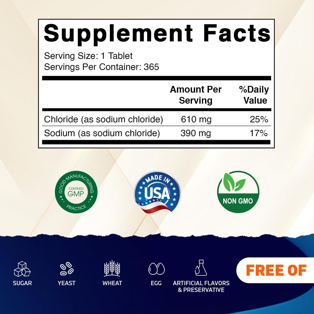 Vitamatic Sodium Chloride 1000mg – 365 Tablets Electrolyte Replenisher & Hydration Support – Non-GMO, Gluten-Free - Maple Wellness Supplements