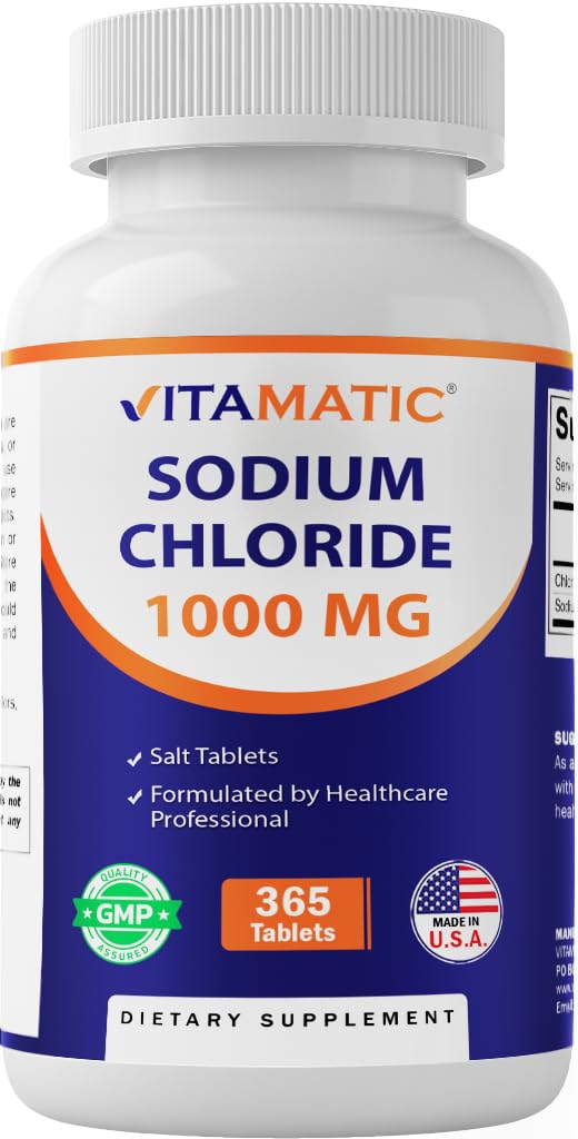Vitamatic Sodium Chloride 1000mg – 365 Tablets Electrolyte Replenisher & Hydration Support – Non-GMO, Gluten-Free - Maple Wellness Supplements