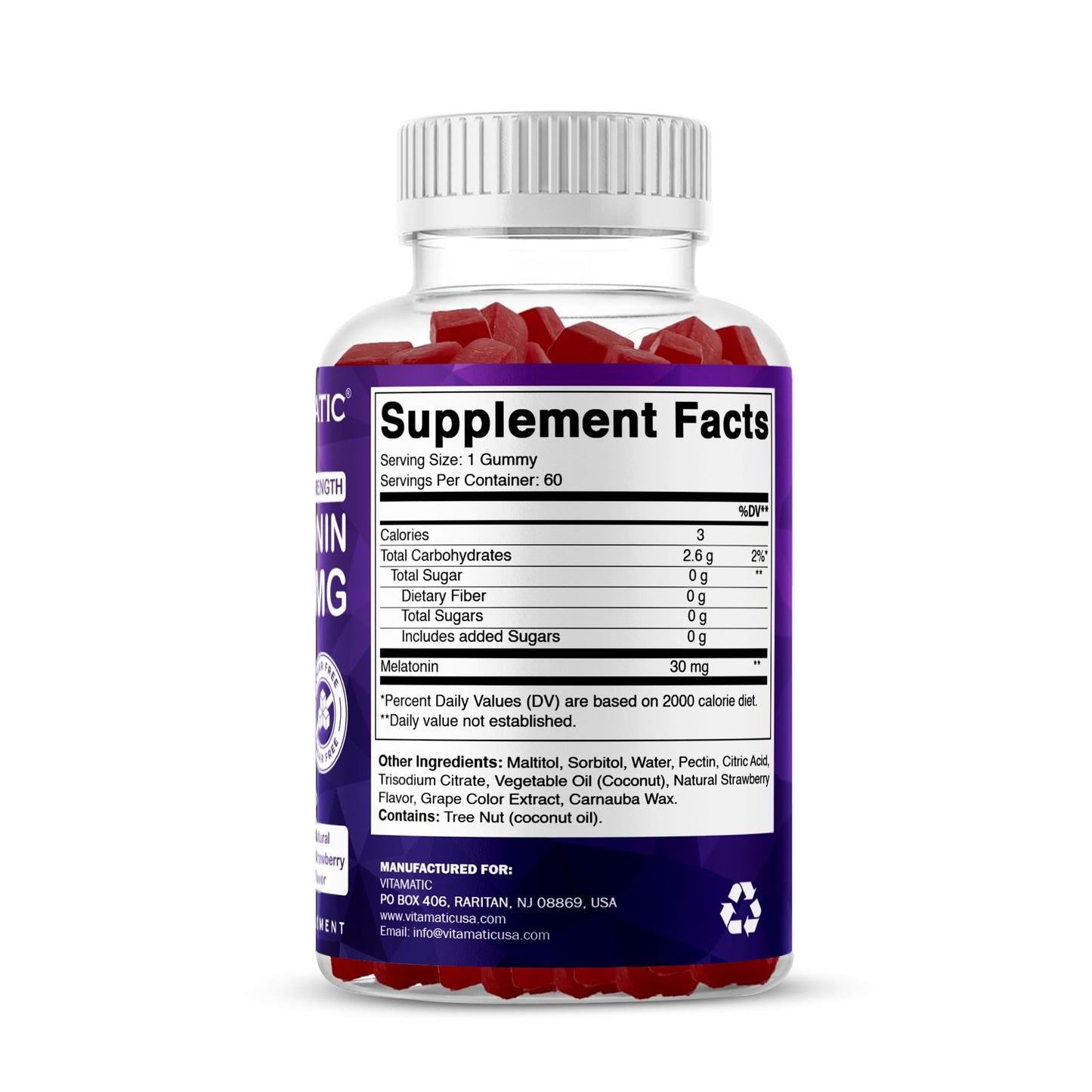 Vitamatic Sugar Free Melatonin 30mg per Gummy - 60 Servings - 60 Vegetarian Gummies - Non-Habit Forming Supplement (60 Count (Pack of 1)) - Maple Wellness Supplements