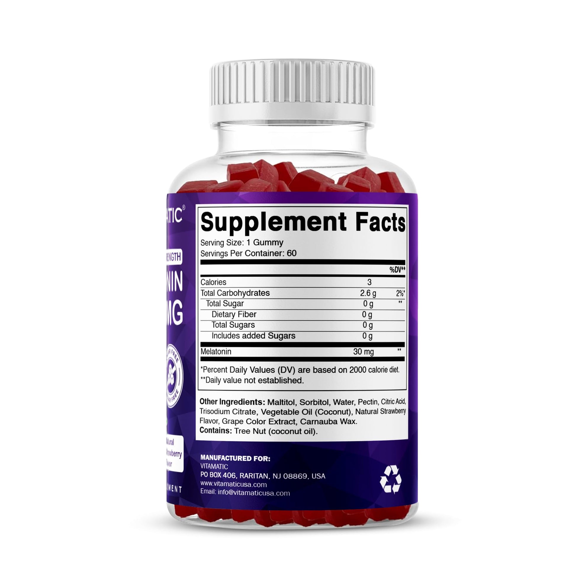 Vitamatic Sugar Free Melatonin 30mg per Gummy - 60 Servings - 60 Vegetarian Gummies - Non-Habit Forming Supplement (60 Count (Pack of 1)) - Maple Wellness Supplements