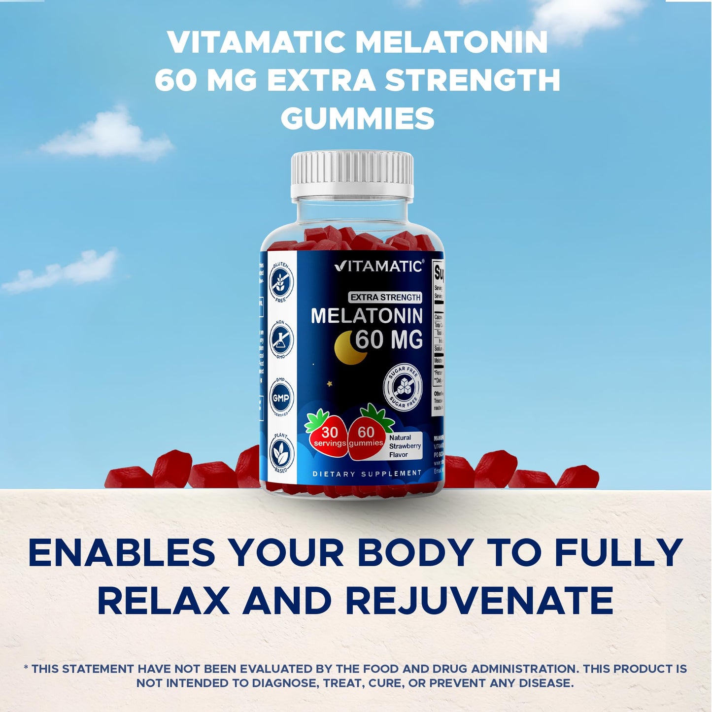 Vitamatic Sugar Free Melatonin 60 mg - 60 Vegetarian Gummies - Non-Habit Forming Supplement - Maple Wellness Supplements