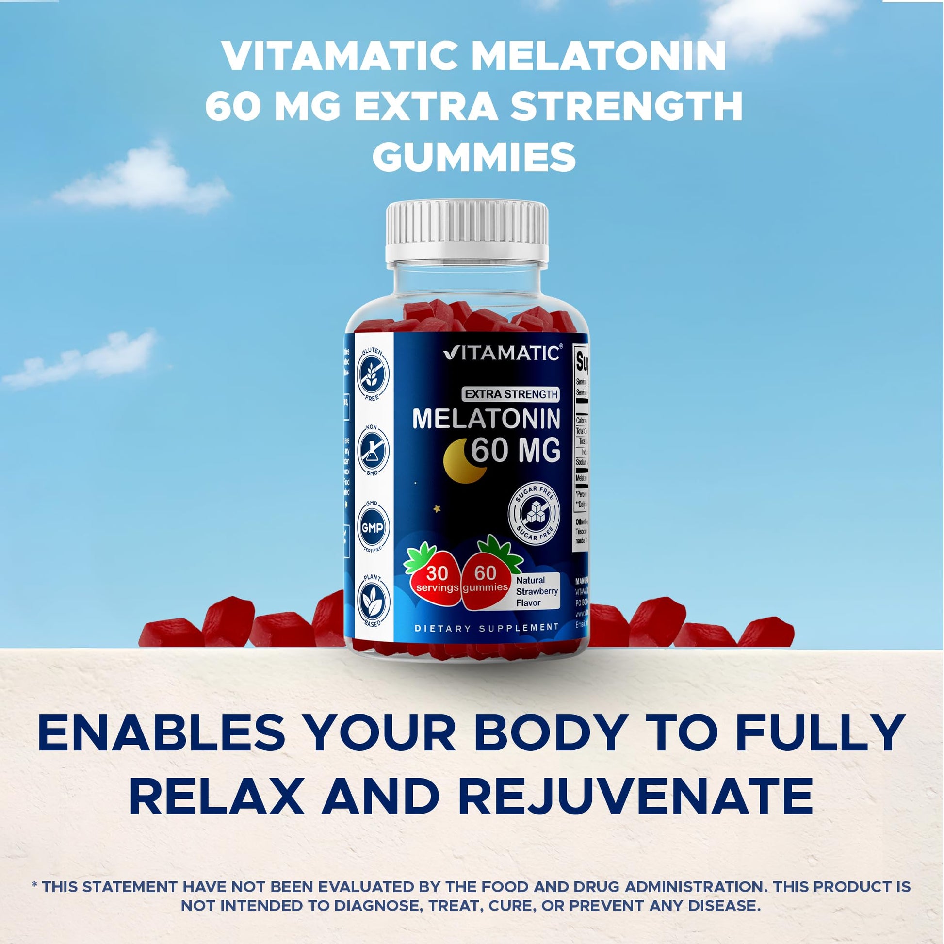 Vitamatic Sugar Free Melatonin 60 mg - 60 Vegetarian Gummies - Non-Habit Forming Supplement - Maple Wellness Supplements