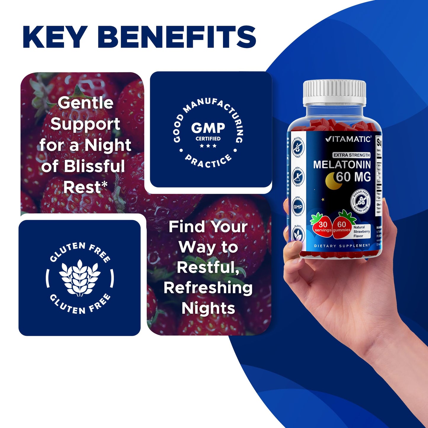 Vitamatic Sugar Free Melatonin 60 mg - 60 Vegetarian Gummies - Non-Habit Forming Supplement - Maple Wellness Supplements