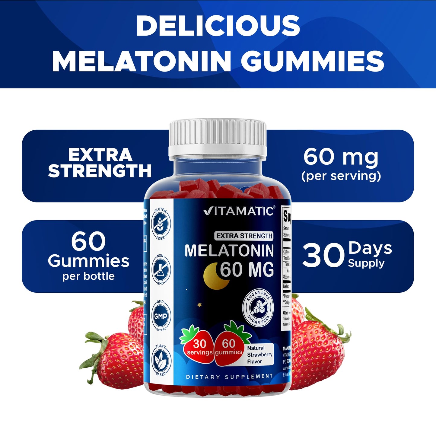 Vitamatic Sugar Free Melatonin 60 mg - 60 Vegetarian Gummies - Non-Habit Forming Supplement - Maple Wellness Supplements