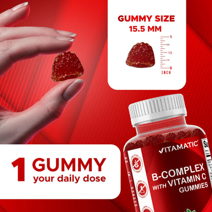 Vitamatic Vitamin B Complex Gummies with Vitamin C & Inositol - Natural Strawberry Flavor - 60 Gummies (1 Bottle) - Maple Wellness Supplements