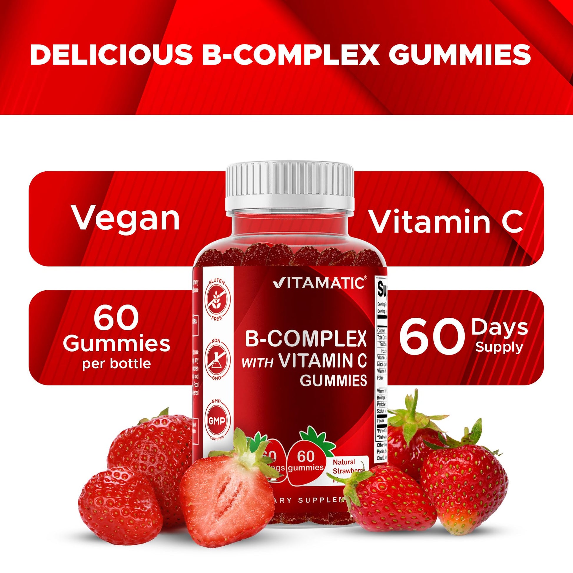 Vitamatic Vitamin B Complex Gummies with Vitamin C & Inositol - Natural Strawberry Flavor - 60 Gummies (1 Bottle) - Maple Wellness Supplements