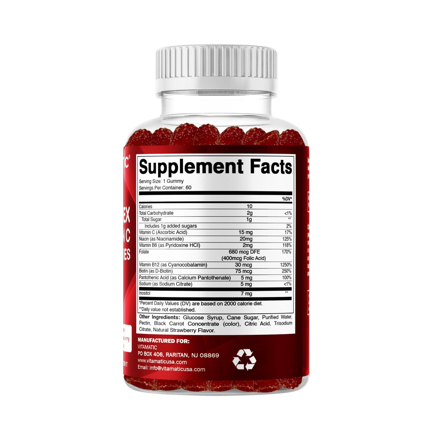 Vitamatic Vitamin B Complex Gummies with Vitamin C & Inositol - Natural Strawberry Flavor - 60 Gummies (1 Bottle) - Maple Wellness Supplements