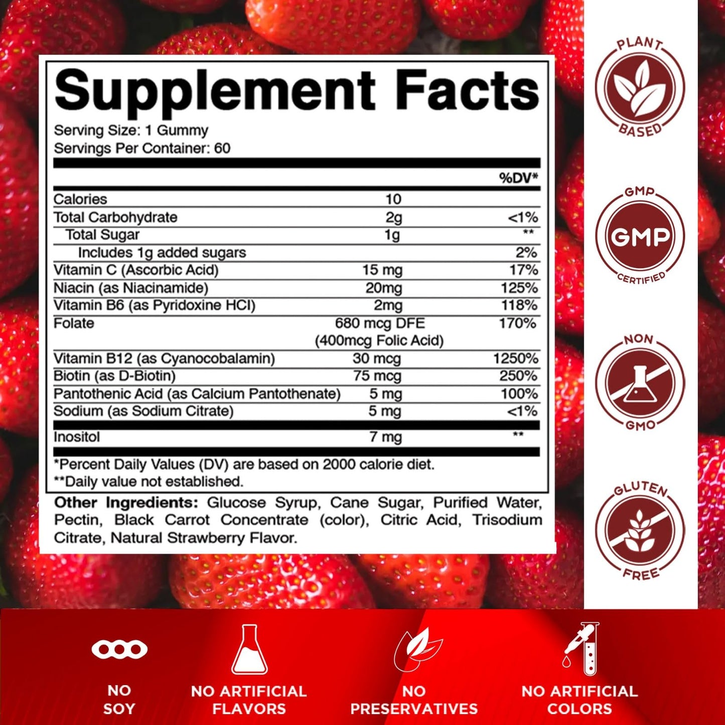 Vitamatic Vitamin B Complex Gummies with Vitamin C & Inositol - Natural Strawberry Flavor - 60 Gummies (1 Bottle) - Maple Wellness Supplements