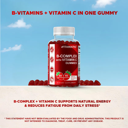Vitamatic Vitamin B Complex Gummies with Vitamin C & Inositol - Natural Strawberry Flavor - 60 Gummies (1 Bottle) - Maple Wellness Supplements