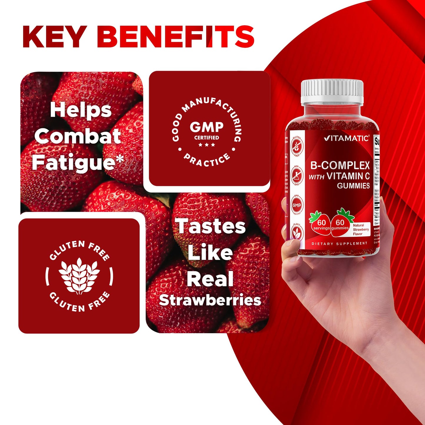 Vitamatic Vitamin B Complex Gummies with Vitamin C & Inositol - Natural Strawberry Flavor - 60 Gummies (1 Bottle) - Maple Wellness Supplements