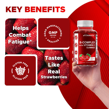 Vitamatic Vitamin B Complex Gummies with Vitamin C & Inositol - Natural Strawberry Flavor - 60 Gummies (1 Bottle) - Maple Wellness Supplements