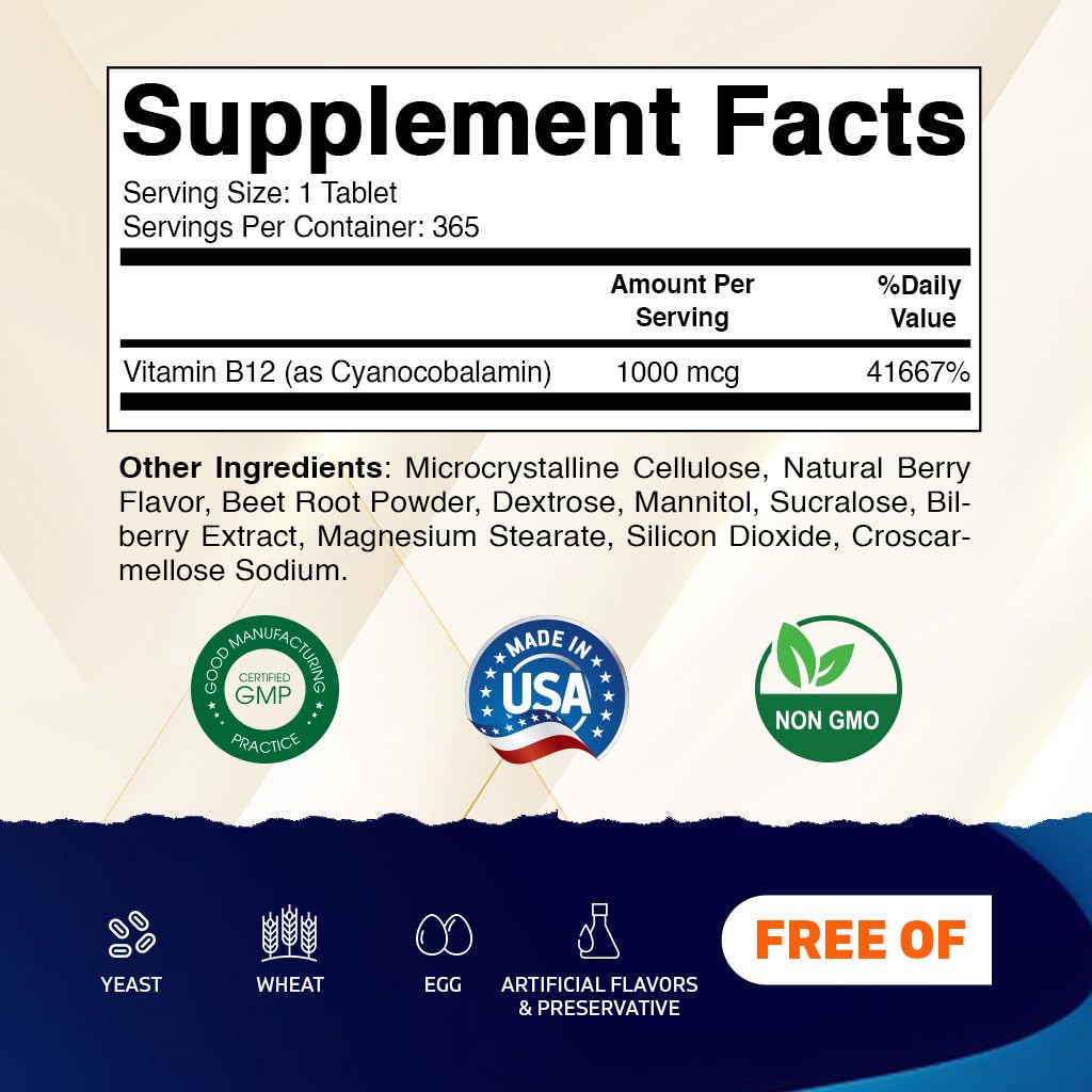 Vitamatic Vitamin B12 1000 mcg Fast Dissolve – 365 Tablets – Natural Berry Flavor – Supports Energy Metabolism - Maple Wellness Supplements