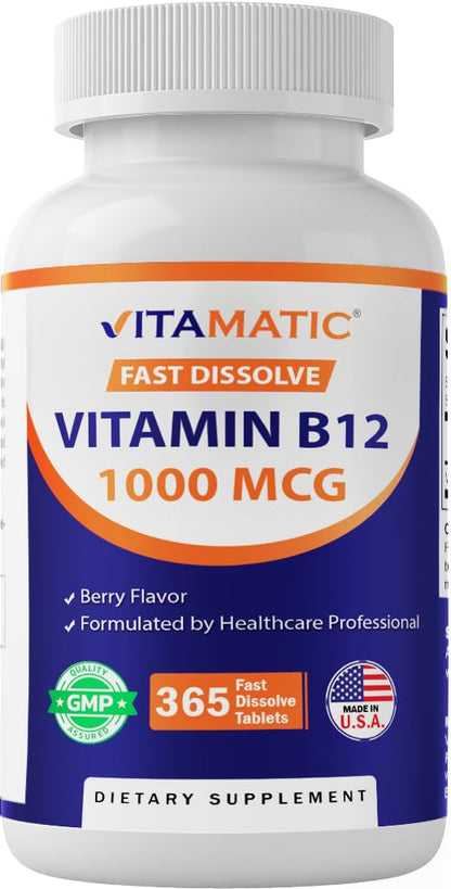 Vitamatic Vitamin B12 1000 mcg Fast Dissolve – 365 Tablets – Natural Berry Flavor – Supports Energy Metabolism - Maple Wellness Supplements