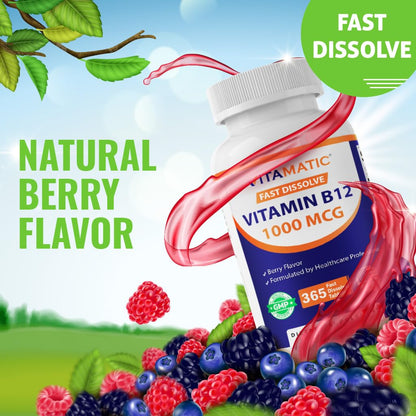 Vitamatic Vitamin B12 1000 mcg Fast Dissolve – 365 Tablets – Natural Berry Flavor – Supports Energy Metabolism - Maple Wellness Supplements