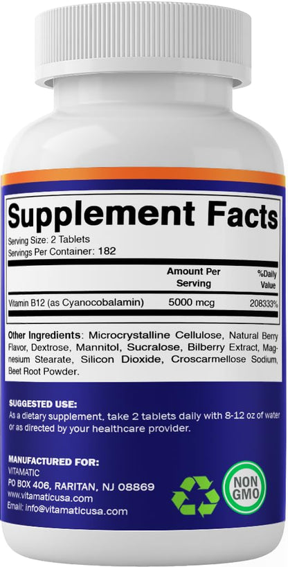 Vitamatic Vitamin B12 5000 mcg – 365 Fast Dissolve Tablets Berry Flavor – Supports Energy Production & Nervous System Health - Maple Wellness Supplements