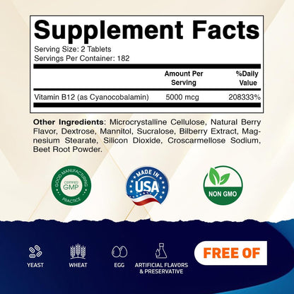 Vitamatic Vitamin B12 5000 mcg – 365 Fast Dissolve Tablets Berry Flavor – Supports Energy Production & Nervous System Health - Maple Wellness Supplements