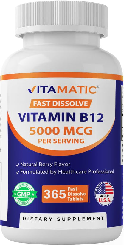 Vitamatic Vitamin B12 5000 mcg – 365 Fast Dissolve Tablets Berry Flavor – Supports Energy Production & Nervous System Health - Maple Wellness Supplements