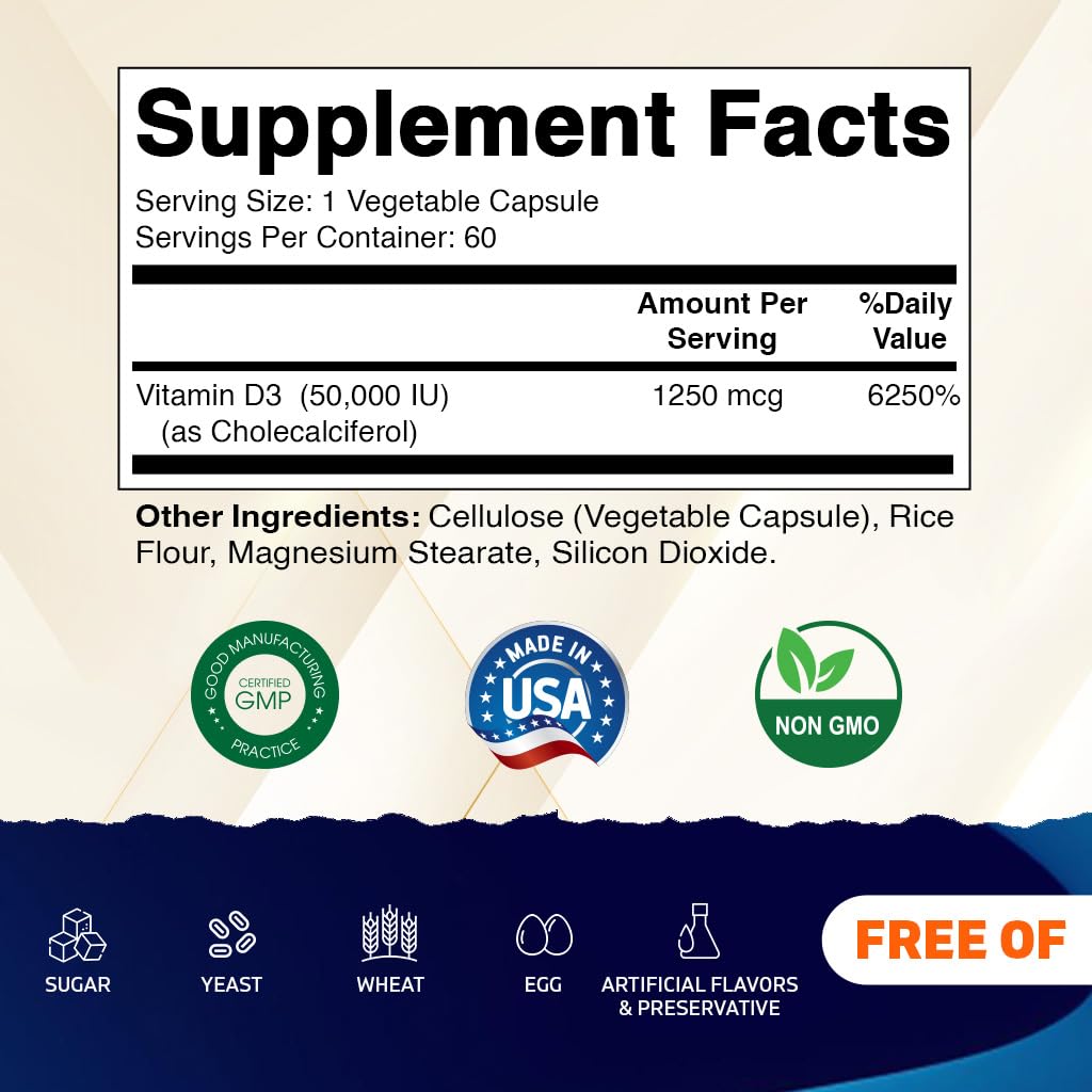 Vitamatic Vitamin D3 50,000 IU (as Cholecalciferol), Once Weekly Dose, 1250 mcg, 60 Veggie Capsules 1 Year Supply, Progressive Formula Helping - Maple Wellness Supplements