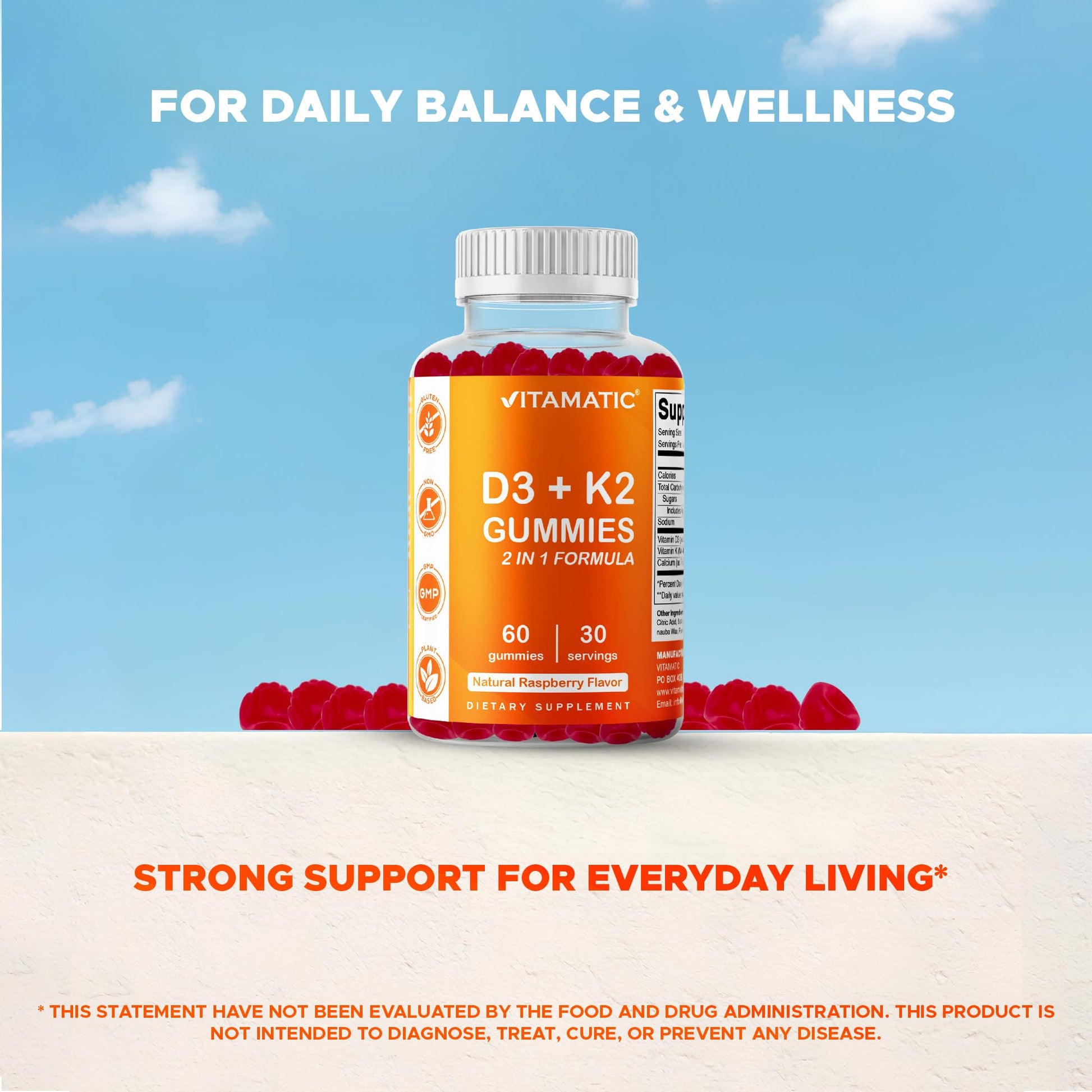 Vitamatic Vitamin D3 & K2 Gummies (2-Pack, 60 Count) Supports Healthy Bones, Heart Health, Calcium Absorption, - Maple Wellness Supplements