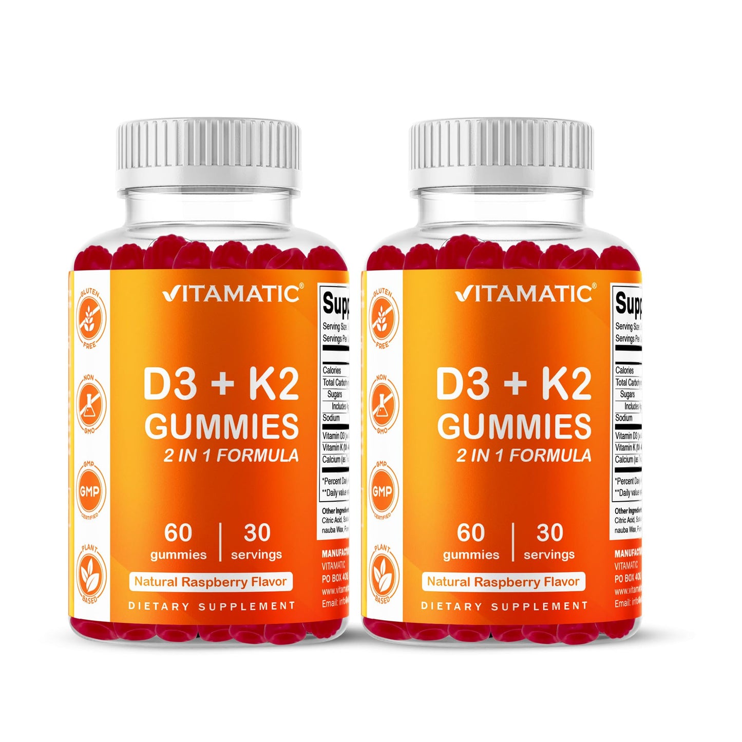 Vitamatic Vitamin D3 & K2 Gummies (2-Pack, 60 Count) Supports Healthy Bones, Heart Health, Calcium Absorption, - Maple Wellness Supplements