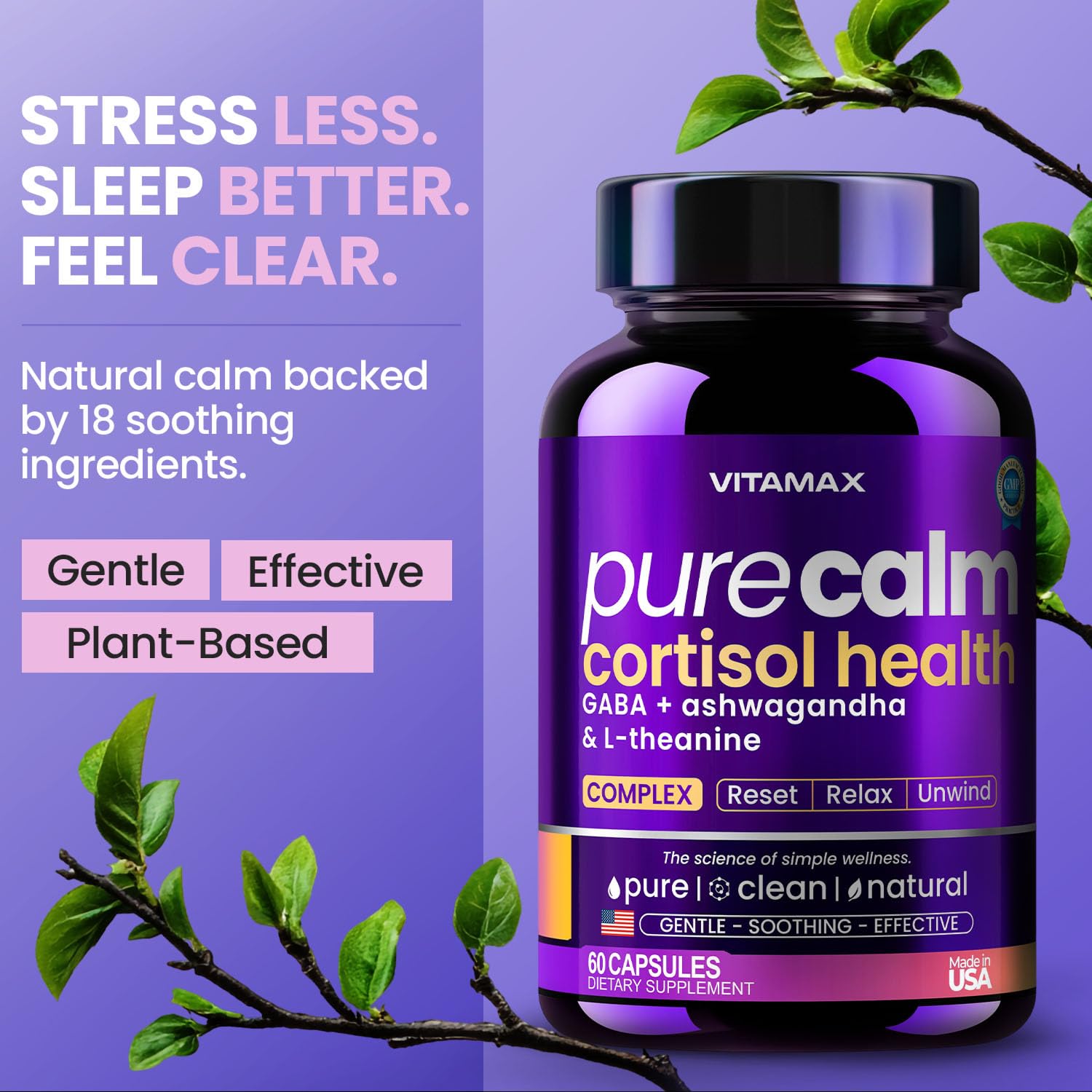 Vitamax Pure Calm Cortisol Supplements for Women - L Theanine, Ashwagandha, GABA for Relaxation, Mood & Stress Support with Ginkgo Biloba, Bacopa Monnieri, 5-HTP – Non-GMO, Made in USA – 60ct - Maple Wellness Supplements