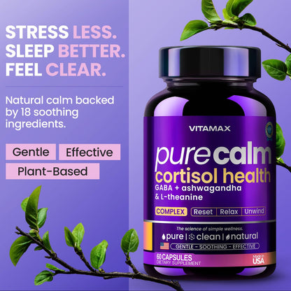 Vitamax Pure Calm Cortisol Supplements for Women - L Theanine, Ashwagandha, GABA for Relaxation, Mood & Stress Support with Ginkgo Biloba, Bacopa Monnieri, 5-HTP – Non-GMO, Made in USA – 60ct - Maple Wellness Supplements