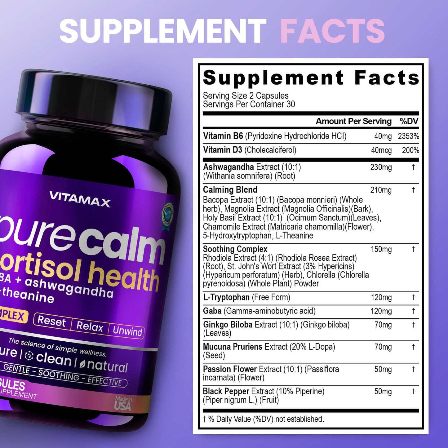 Vitamax Pure Calm Cortisol Supplements for Women - L Theanine, Ashwagandha, GABA for Relaxation, Mood & Stress Support with Ginkgo Biloba, Bacopa Monnieri, 5-HTP – Non-GMO, Made in USA – 60ct - Maple Wellness Supplements