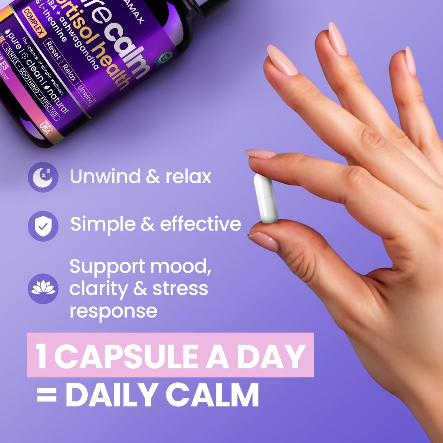 Vitamax Pure Calm Cortisol Supplements for Women - L Theanine, Ashwagandha, GABA for Relaxation, Mood & Stress Support with Ginkgo Biloba, Bacopa Monnieri, 5-HTP – Non-GMO, Made in USA – 60ct - Maple Wellness Supplements
