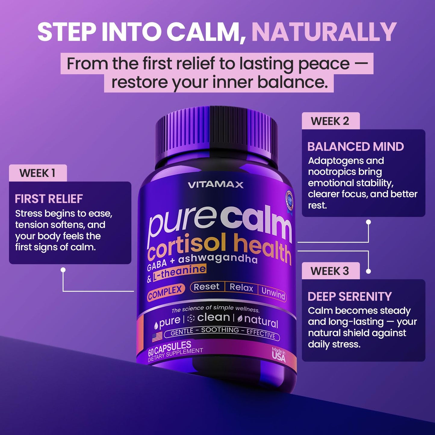 Vitamax Pure Calm Cortisol Supplements for Women - L Theanine, Ashwagandha, GABA for Relaxation, Mood & Stress Support with Ginkgo Biloba, Bacopa Monnieri, 5-HTP – Non-GMO, Made in USA – 60ct - Maple Wellness Supplements
