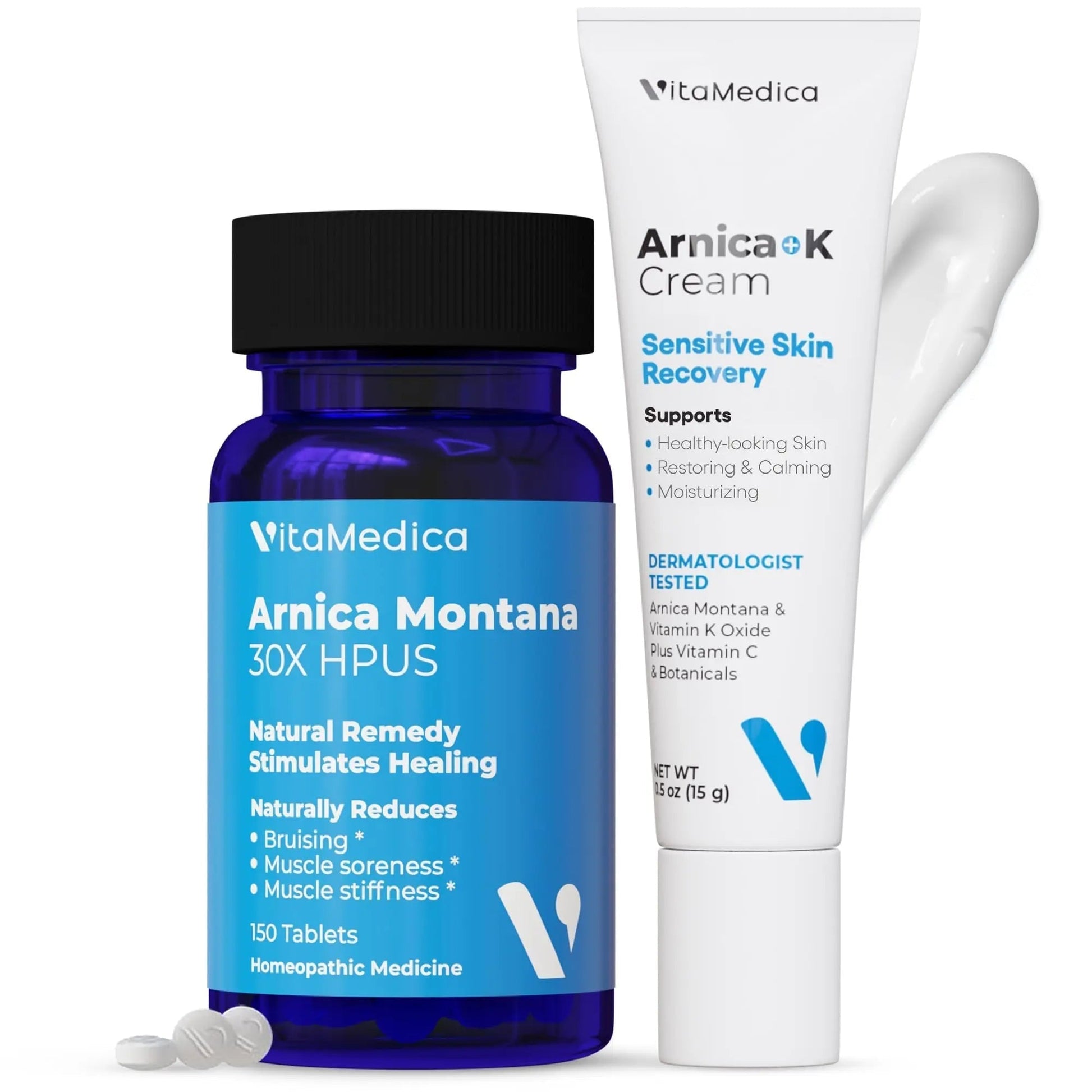 VitaMedica Arnica Montana Tablets & Arnica Cream Bundle - 150 Rapid Dissolve Tablets + 0.5 oz Vitamin K Topical Cream - Maple Wellness Supplements