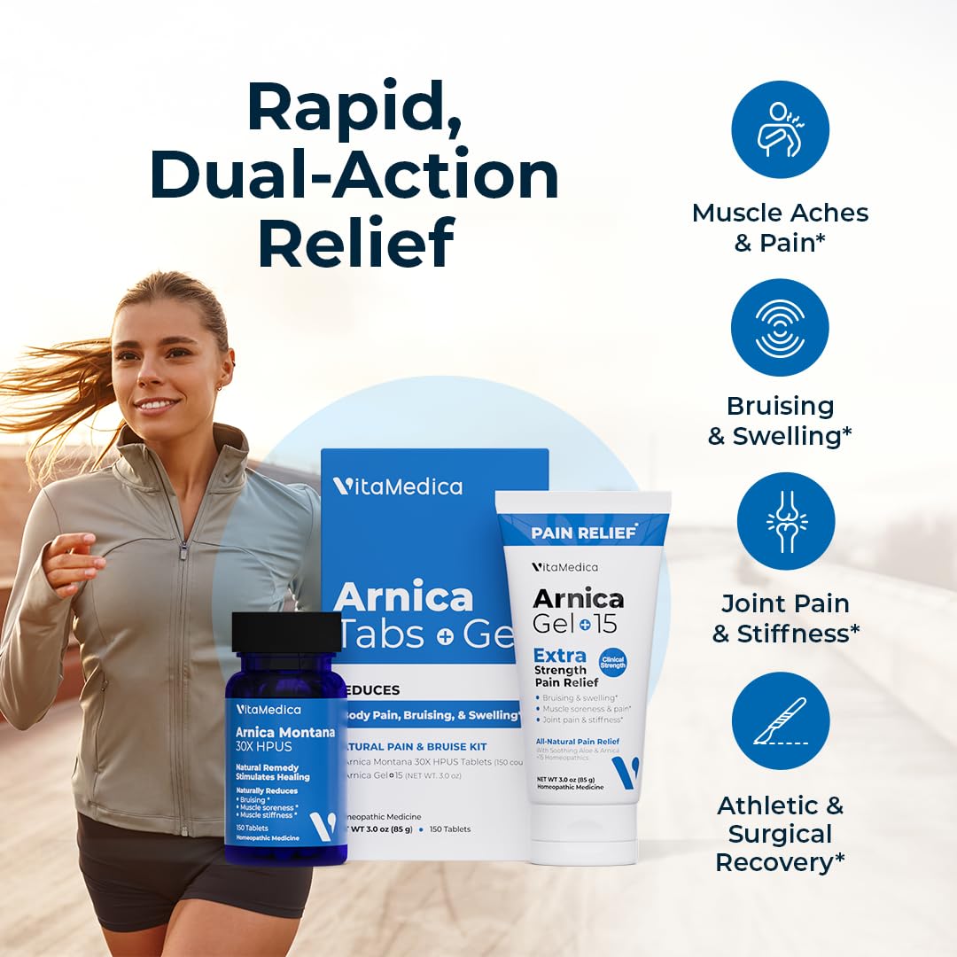 VitaMedica Arnica Montana Tablets & Arnica Gel Bundle – Support for Bruising, Swelling & Soreness, 150 Rapid-Dissolve Tablets + 3 oz Water-Based Gel - Maple Wellness Supplements