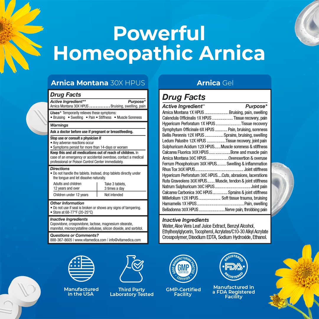 VitaMedica Arnica Montana Tablets & Arnica Gel Bundle – Support for Bruising, Swelling & Soreness, 150 Rapid-Dissolve Tablets + 3 oz Water-Based Gel - Maple Wellness Supplements