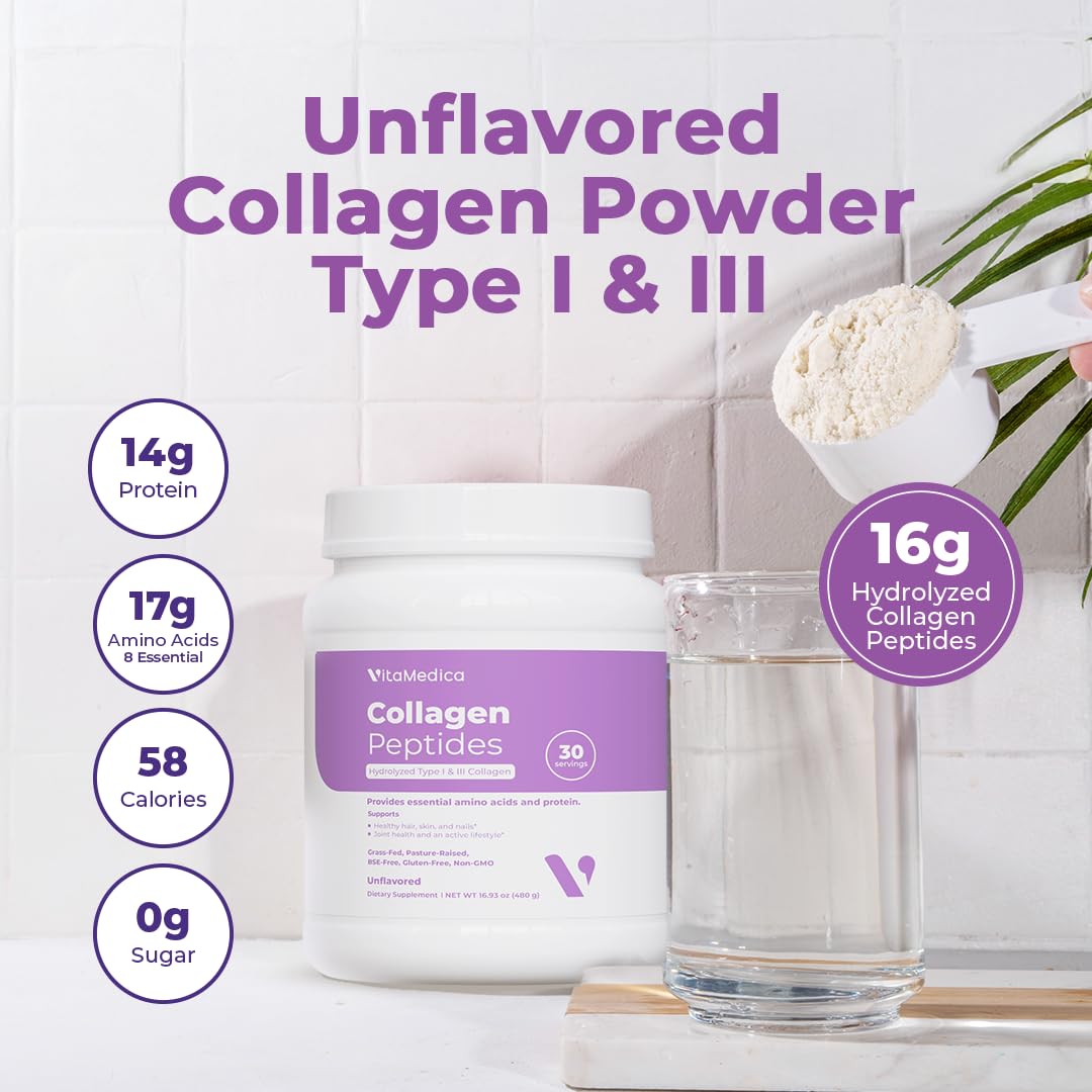 VitaMedica Collagen Peptides Powder for Women & Men - Healthy Hair, Skin, Nails, Bones and Joints - Hydrolyzed Types I & III, Grass-Fed, Pasture-Raised Protein, Zero Sugar - 30 Servings - Maple Wellness Supplements