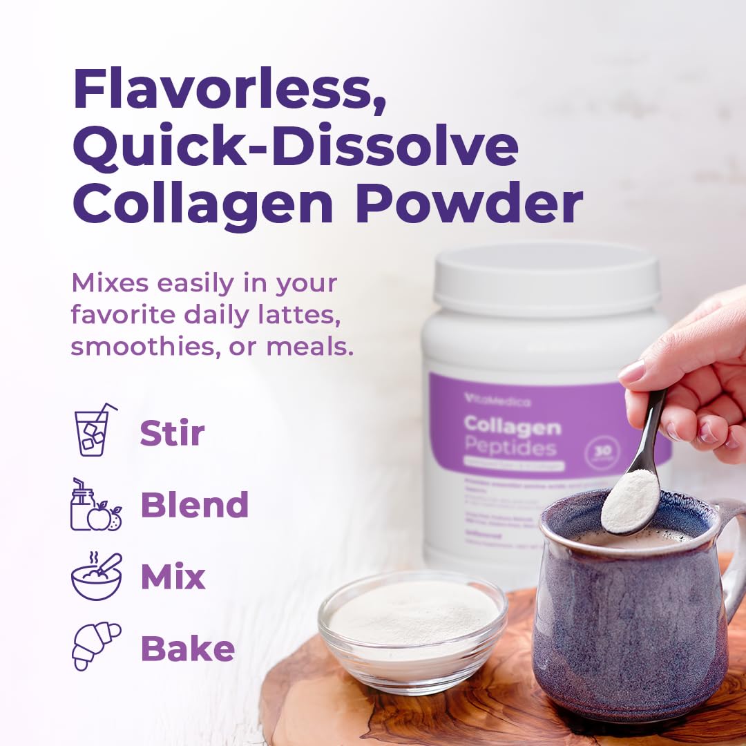 VitaMedica Collagen Peptides Powder for Women & Men - Healthy Hair, Skin, Nails, Bones and Joints - Hydrolyzed Types I & III, Grass-Fed, Pasture-Raised Protein, Zero Sugar - 30 Servings - Maple Wellness Supplements