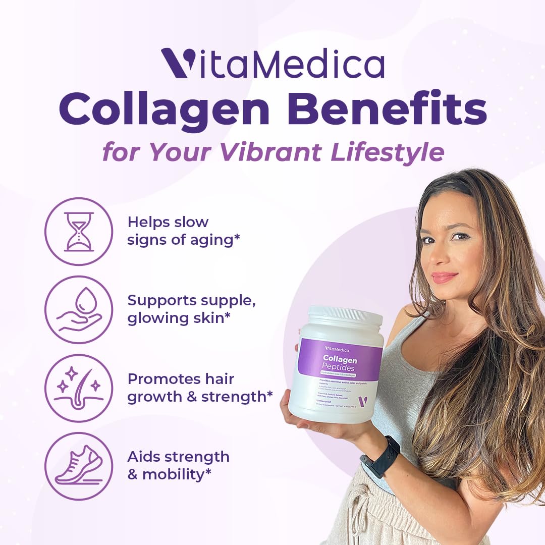 VitaMedica Collagen Peptides Powder for Women & Men - Healthy Hair, Skin, Nails, Bones and Joints - Hydrolyzed Types I & III, Grass-Fed, Pasture-Raised Protein, Zero Sugar - 30 Servings - Maple Wellness Supplements