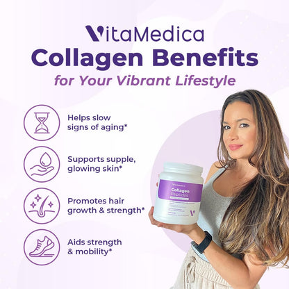 VitaMedica Collagen Peptides Powder for Women & Men - Healthy Hair, Skin, Nails, Bones and Joints - Hydrolyzed Types I & III, Grass-Fed, Pasture-Raised Protein, Zero Sugar - 30 Servings - Maple Wellness Supplements