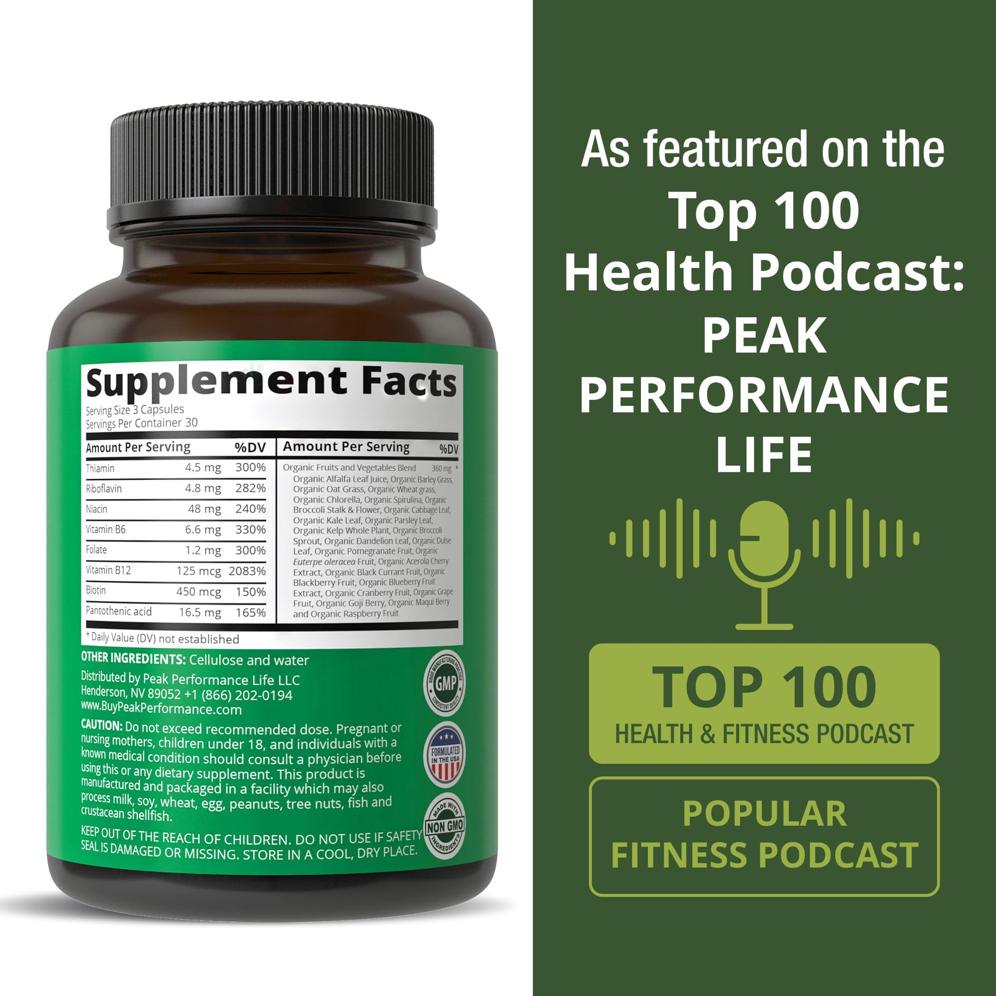 Vitamin B Complex Capsules + Whole Food Blend of 25 Vegetables and Fruits for Max Absorption. Best Vegan B-Complex Supplement with Vitamin B1, B2, B3, B5, B6, B7, B9 and B12. 90 Capsules. Energy Boost - Maple Wellness Supplements