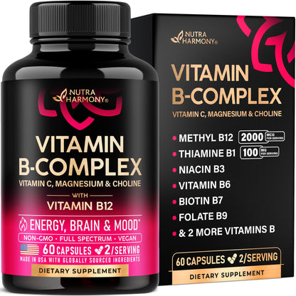 Vitamin B Complex for Men & Women - Riboflavin B2, B12, B1, B3, B5, B6, B7, B8, B9 | Vitamin C, Choline, Inositol - B-Complex Supplement - Maple Wellness Supplements