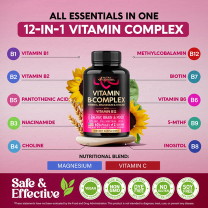 Vitamin B Complex for Men & Women - Riboflavin B2, B12, B1, B3, B5, B6, B7, B8, B9 | Vitamin C, Choline, Inositol - B-Complex Supplement - Maple Wellness Supplements
