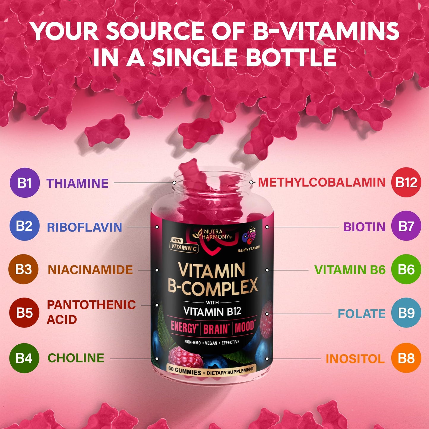 Vitamin B-Complex Gummies for Women & Men - Vitamin B12, B1, B2, B3, B5, B6, B7 & B9 - B Complex with Vitamin C & Choline - Energy, Brain & Mood - Maple Wellness Supplements