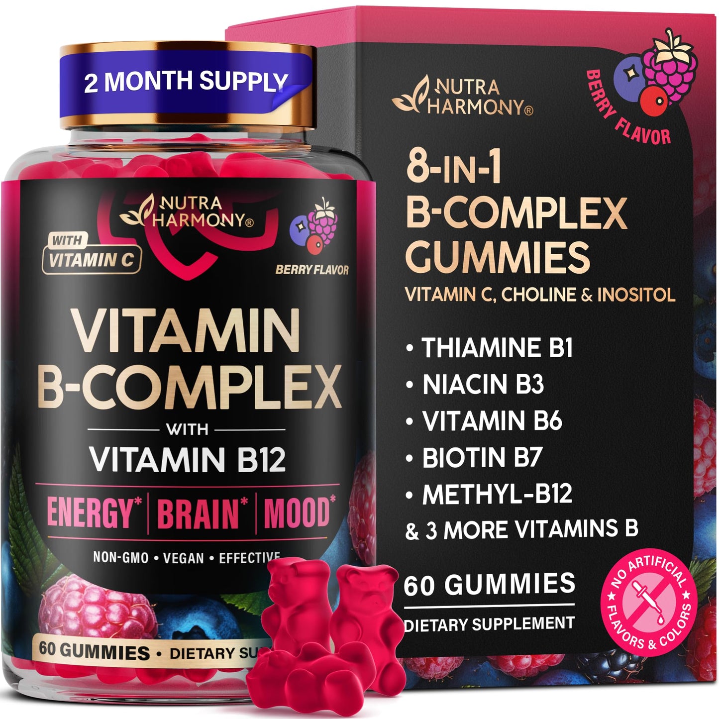Vitamin B-Complex Gummies for Women & Men - Vitamin B12, B1, B2, B3, B5, B6, B7 & B9 - B Complex with Vitamin C & Choline - Energy, Brain & Mood - Maple Wellness Supplements