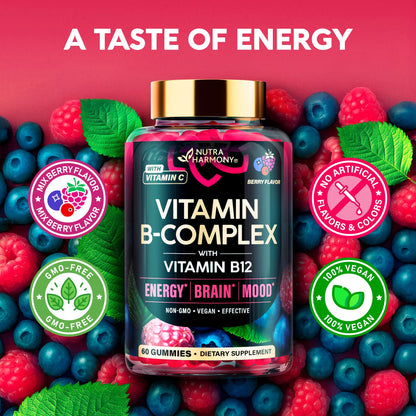Vitamin B-Complex Gummies for Women & Men - Vitamin B12, B1, B2, B3, B5, B6, B7 & B9 - B Complex with Vitamin C & Choline - Energy, Brain & Mood - Maple Wellness Supplements