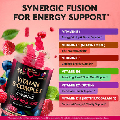 Vitamin B-Complex Gummies for Women & Men - Vitamin B12, B1, B2, B3, B5, B6, B7 & B9 - B Complex with Vitamin C & Choline - Energy, Brain & Mood - Maple Wellness Supplements