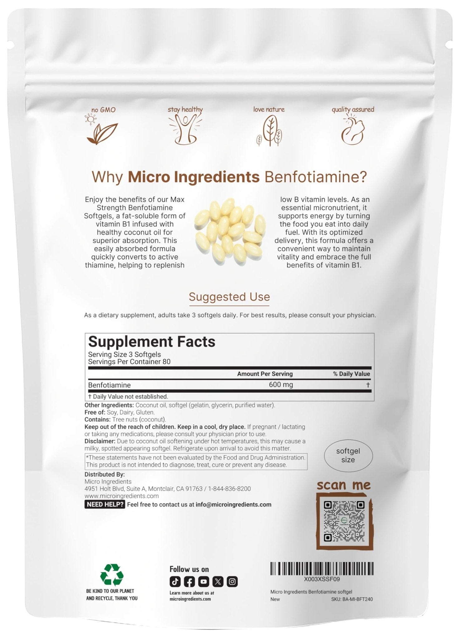 Vitamin B1 Benfotiamine 600mg Per Serving, 240 Coconut Oil Softgels | Bioavailable B Vitamins Supplement, Converted to Active Thiamine | Non-GMO, Soy Free - Maple Wellness Supplements