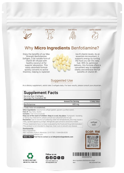 Vitamin B1 Benfotiamine 600mg Per Serving, 240 Coconut Oil Softgels | Bioavailable B Vitamins Supplement, Converted to Active Thiamine | Non-GMO, Soy Free - Maple Wellness Supplements