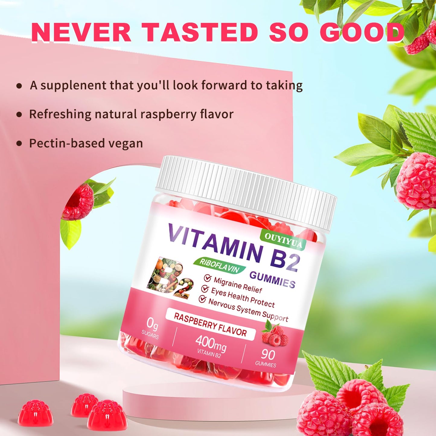 Vitamin B2 Gummies Riboflavin 400mg Supplement with Magnesium for Kids & Adults B2 Gummies for Migraine Relief, Headache Relief & Nervous System Support - Maple Wellness Supplements
