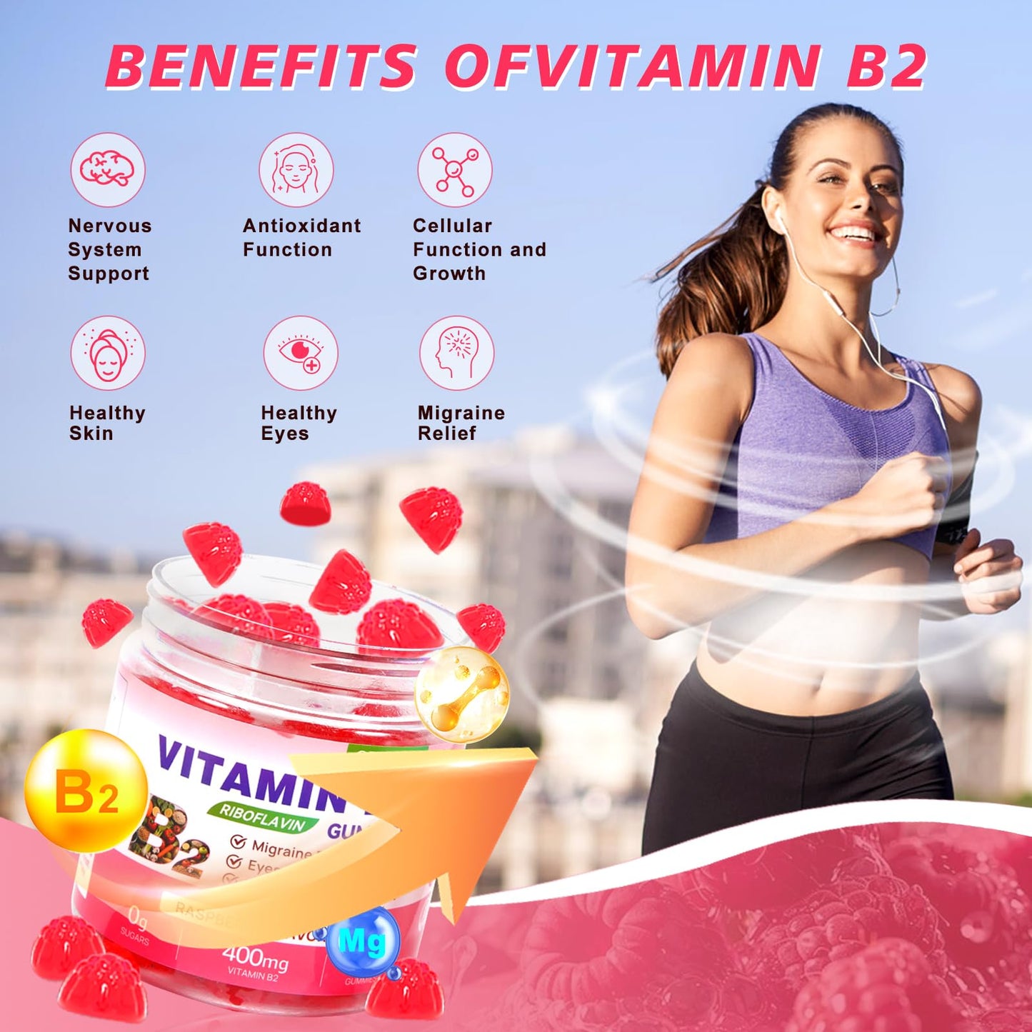 Vitamin B2 Gummies Riboflavin 400mg Supplement with Magnesium for Kids & Adults B2 Gummies for Migraine Relief, Headache Relief & Nervous System Support - Maple Wellness Supplements