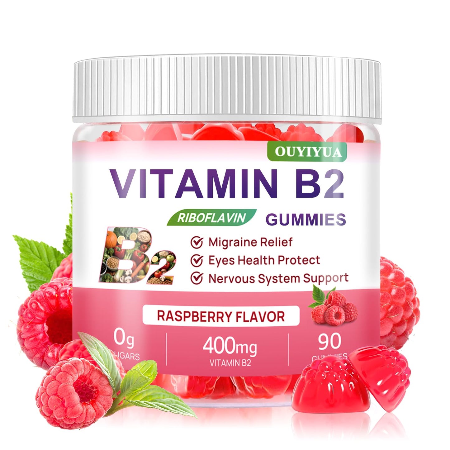 Vitamin B2 Gummies Riboflavin 400mg Supplement with Magnesium for Kids & Adults B2 Gummies for Migraine Relief, Headache Relief & Nervous System Support - Maple Wellness Supplements