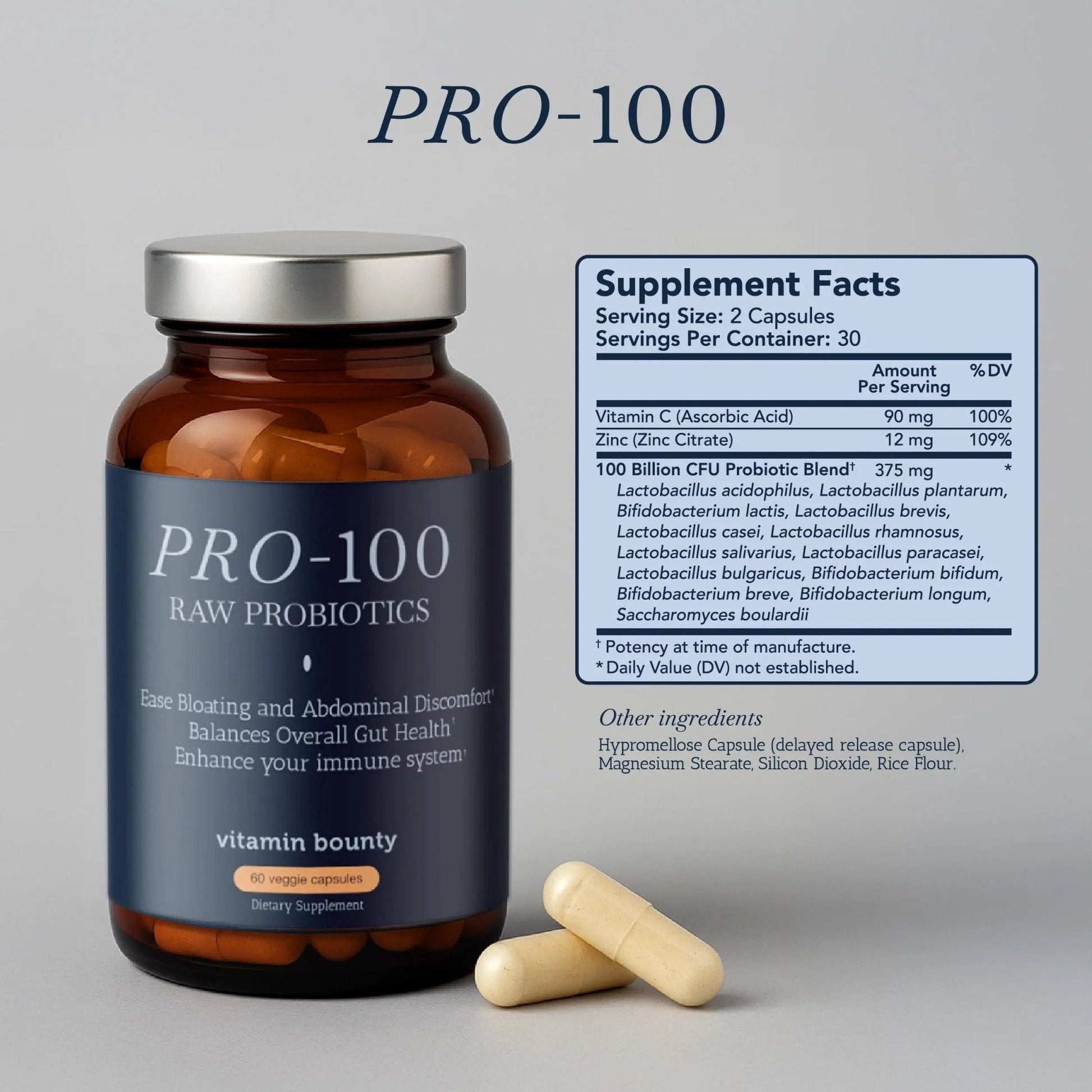 Vitamin Bounty Pro-100 Probiotic 100 Billion CFU - 13 Strains for Digestive Health & Immune Support - High Potency Probiotics for Women & Men - Delayed Release Capsules for Gut Health - 60 Count - Maple Wellness Supplements